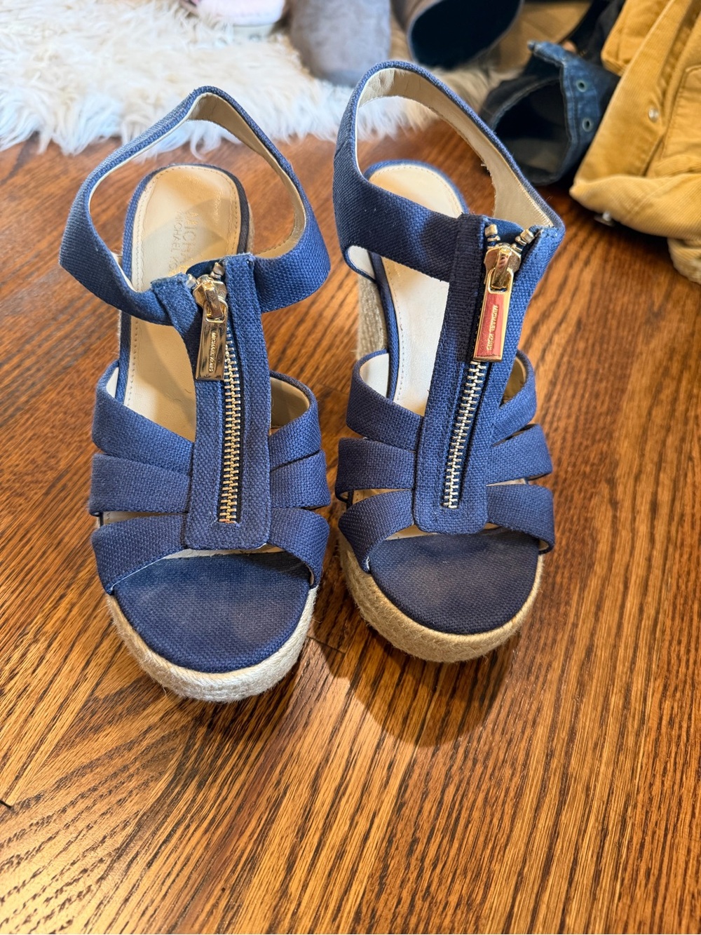 Michael Kors Navy Canvas Espadrille Wedge Sandals with Front Zips